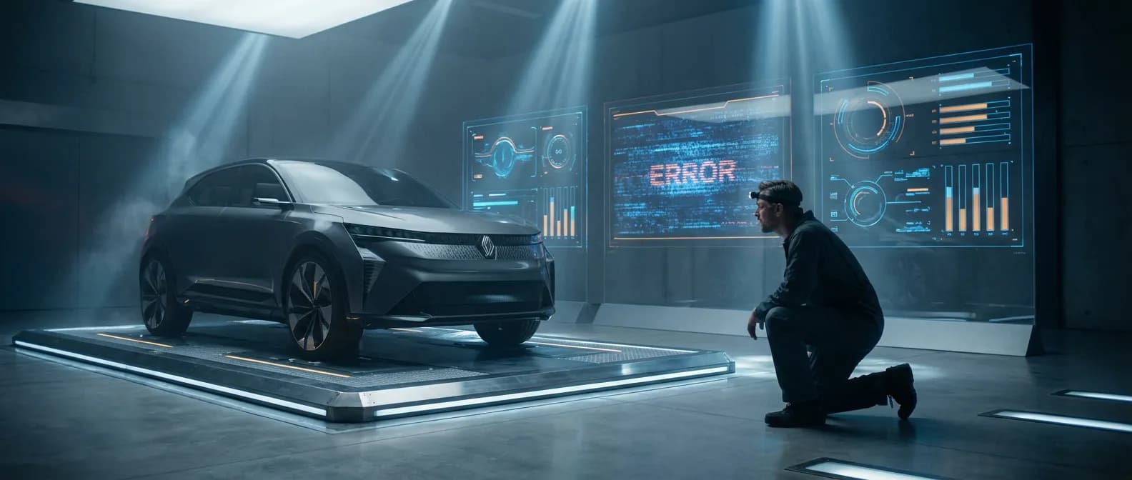 Code P0638 Renault : Diagnostic Avancé en Atelier Vue cinématographique d'une Renault moderne en diagnostic, code erreur P0638 affiché, ambiance haute technologie.