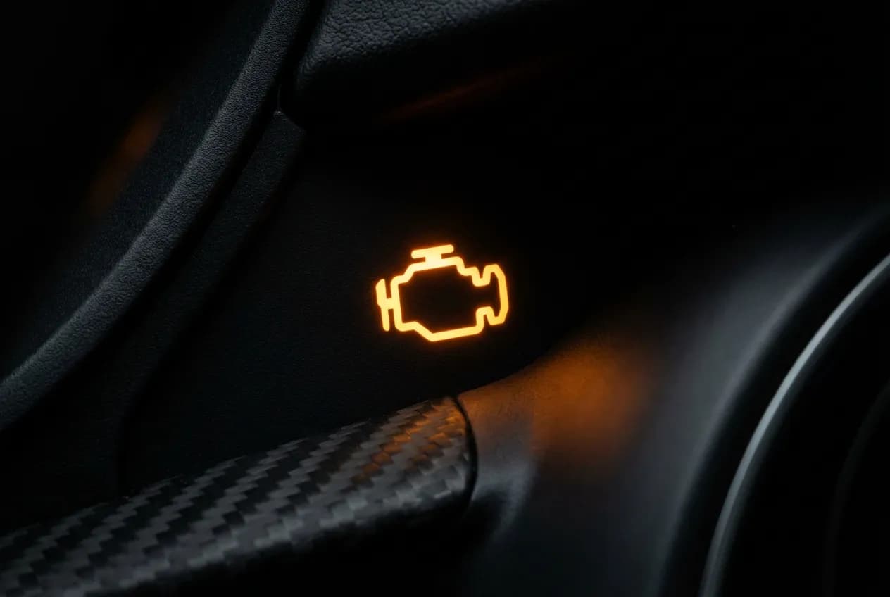 Fiabilité moteur 1.6 VTi 120 : problèmes, avis et conseils Gros plan sur un voyant moteur orange allumé, symbolisant les problèmes et pannes potentiels du moteur 1.6 VTi 120.