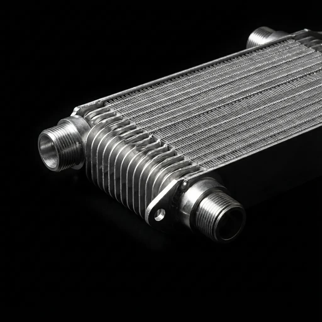 Modine huile : Rôle, Panne et Symptômes du Refroidisseur Gros plan iconique et minimaliste d'une modine d'huile neuve sur fond contrasté.