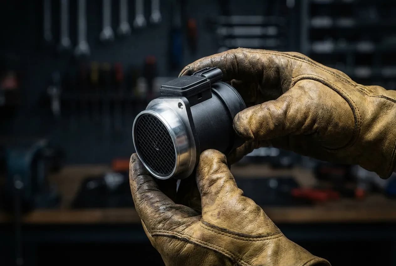 Code P0101 Renault : causes, symptômes et solutions Gros plan sur un capteur de débit d'air massique neuf, cause fréquente du code P0101 sur Renault, tenu par un mécanicien.