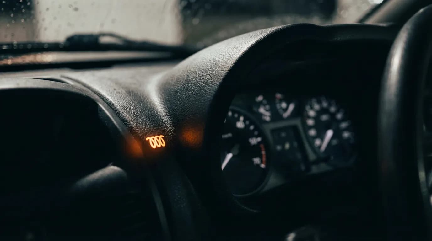 Alerte Voyant Préchauffage Clio 2 Gros plan cinématique du tableau de bord d'une Renault Clio 2 avec le voyant de préchauffage orange intensément allumé, symbolisant une alerte mécanique.