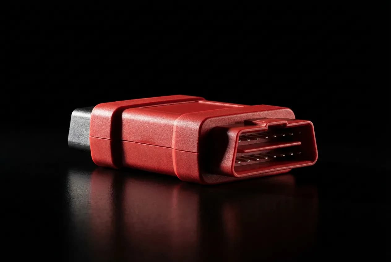 Can Clip Renault : Guide d'Achat, Installation et Avis 2024 Gros plan iconique de la sonde de diagnostic rouge Can Clip pour Renault sur un fond sombre et épuré.