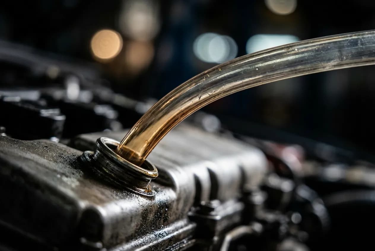 Vidange par aspiration : avantages, tuto et matériel requis Gros plan sur une sonde de pompe de vidange par aspiration insérée dans le puits de jauge d'un moteur de voiture.