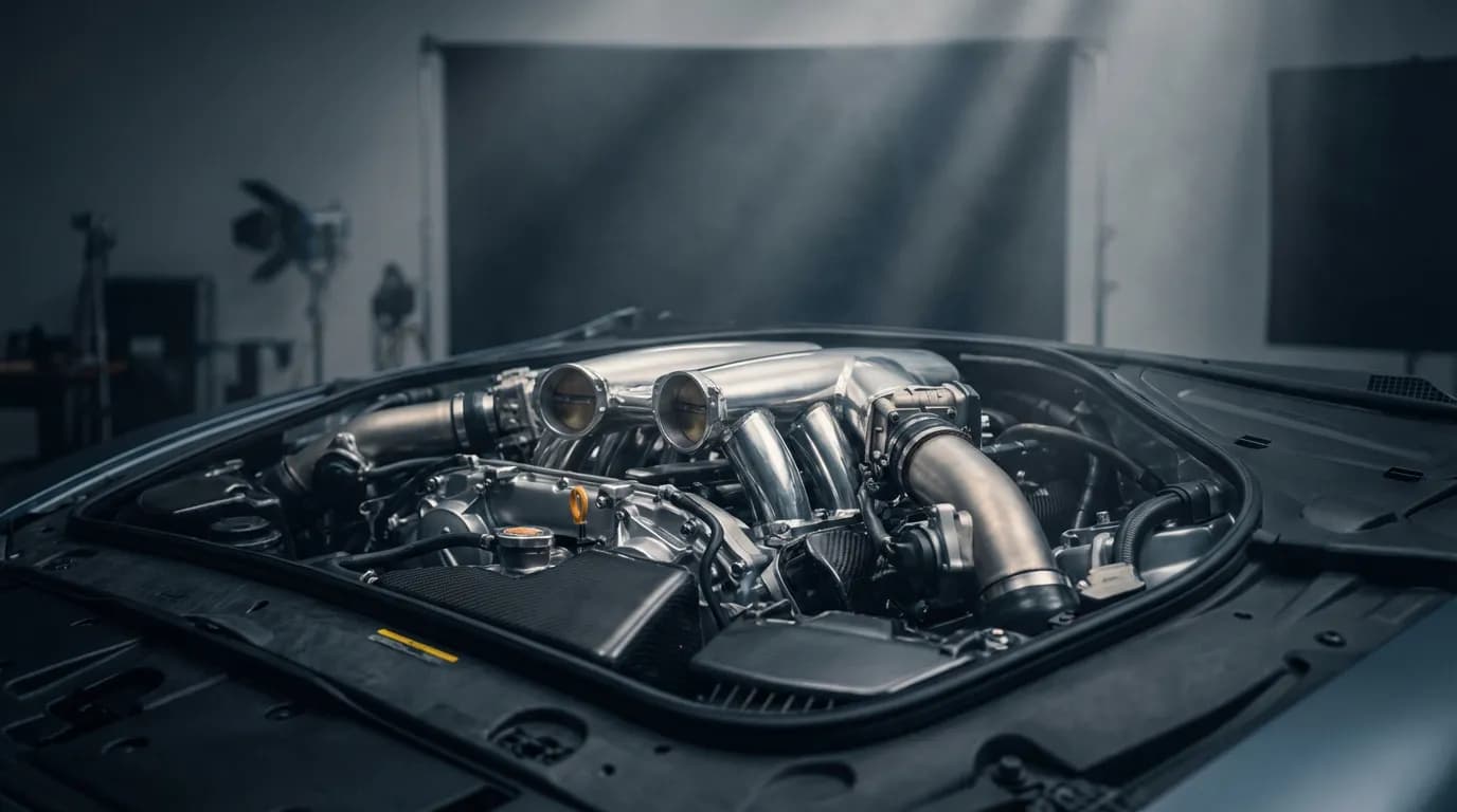 Moteur de Voiture Moderne en Gros Plan Vue cinématique d'un compartiment moteur de voiture moderne immaculé, mettant en évidence le collecteur d'admission, pièce centrale liée au code erreur P2015.