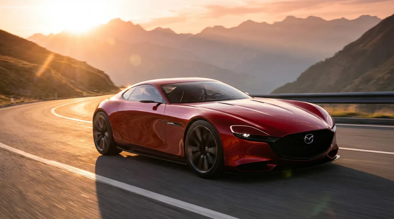 Vision de la Mazda RX-6 au crépuscule Concept futuriste d'une Mazda RX-6 rouge sur une route de montagne sinueuse au coucher du soleil, évoquant le mythe de la future sportive rotative.