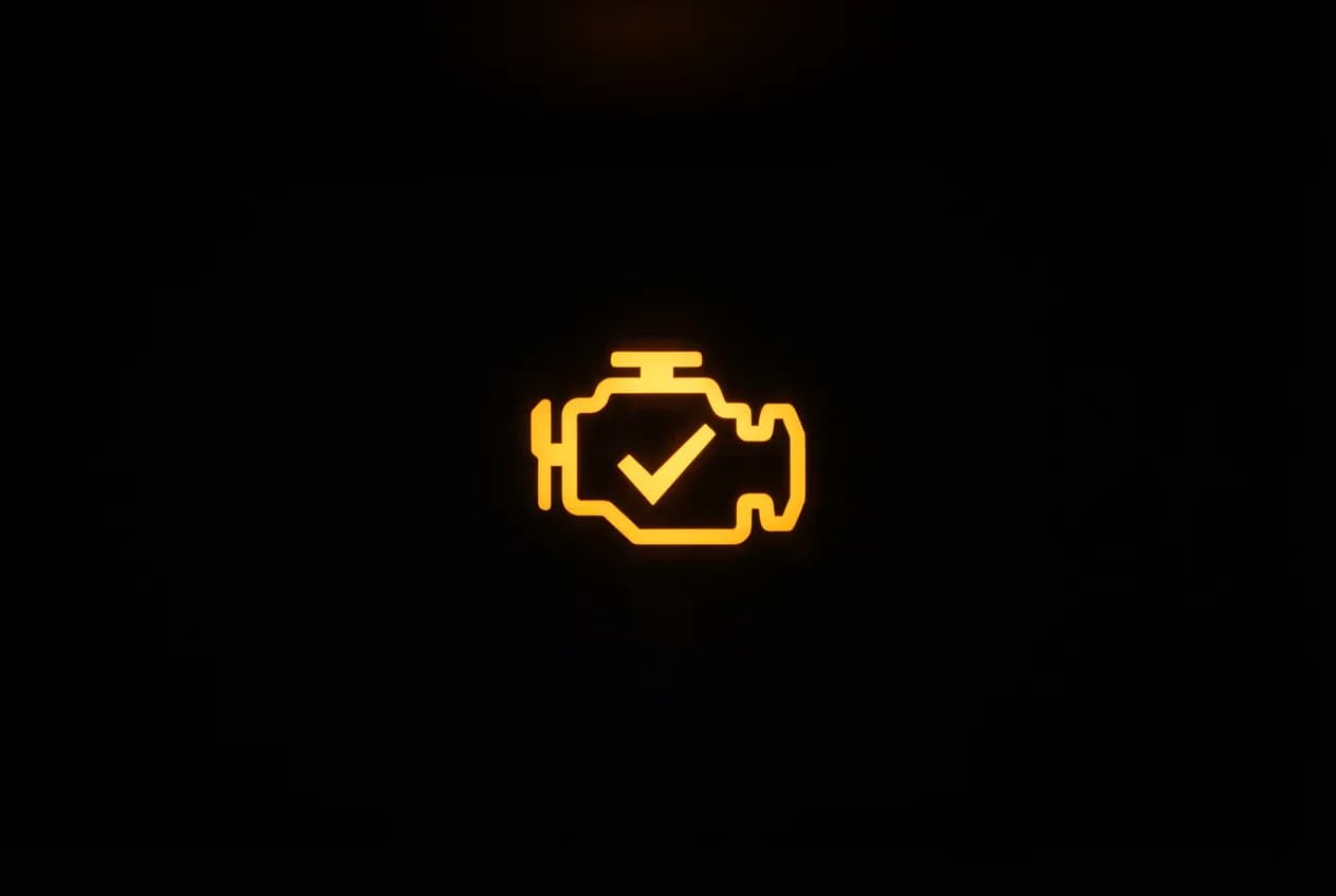 Code P0101 Renault : Diagnostic et solutions pour le réparer Gros plan sur le voyant moteur orange allumé, symbole du code défaut P0101 sur une Renault.