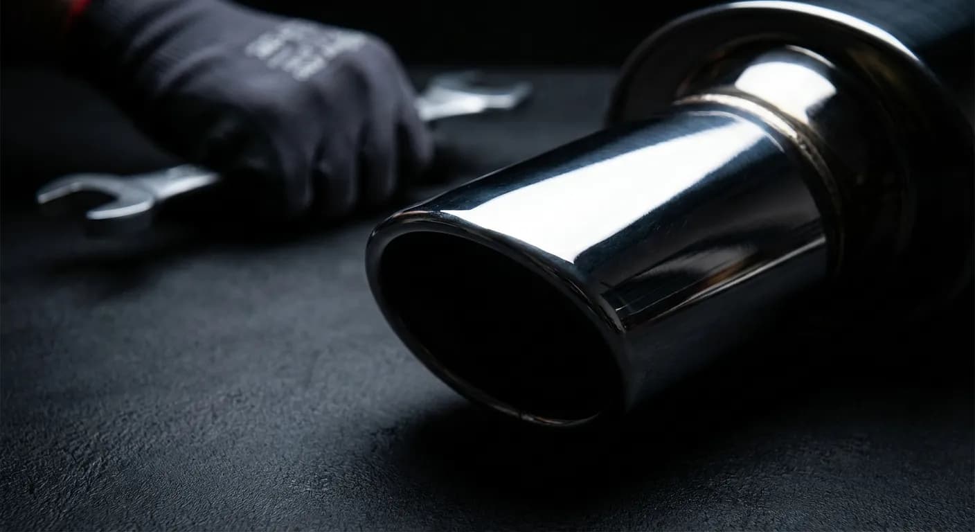 Supprimer silencieux : Risques, gains et légalité Gros plan minimaliste et contrasté d'un composant de pot d'échappement chromé, symbolisant la modification ou la suppression du silencieux d'un véhicule.