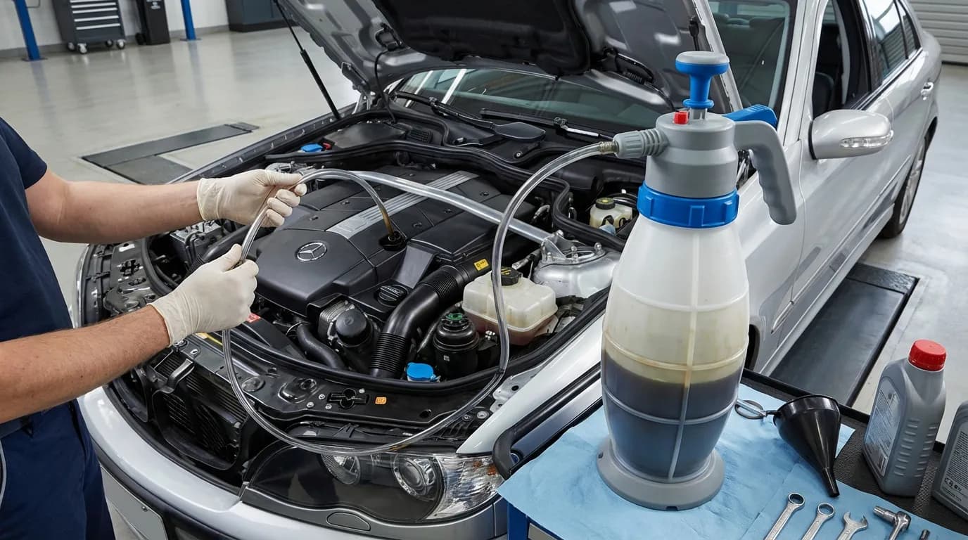 Tutoriel vidange par aspiration Vue d'ensemble du matériel de vidange par aspiration en action : pompe, tubes et moteur, illustrant une étape du tutoriel d'entretien automobile.