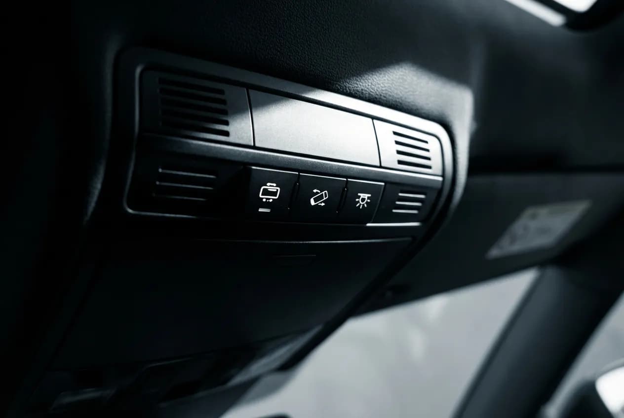 Toit Ouvrant Golf 7 : Pannes, Fuites & Réparation | Guide Gros plan des boutons de commande du toit ouvrant d'une Golf 7, style minimaliste et contrasté.