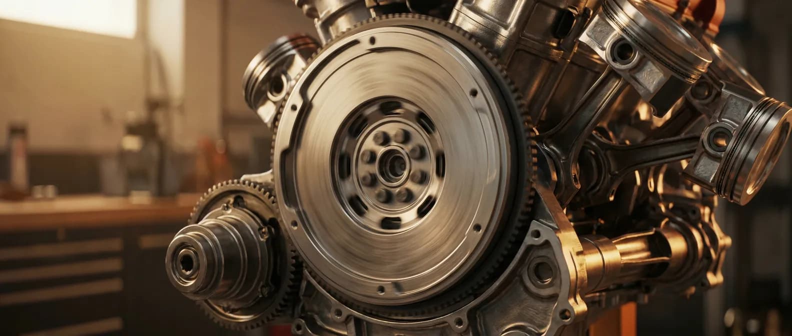 Volant moteur allégé : la quête de performance Image de bannière épique d'un moteur haute performance avec un volant moteur allégé en mouvement, pour un guide sur la performance automobile.
