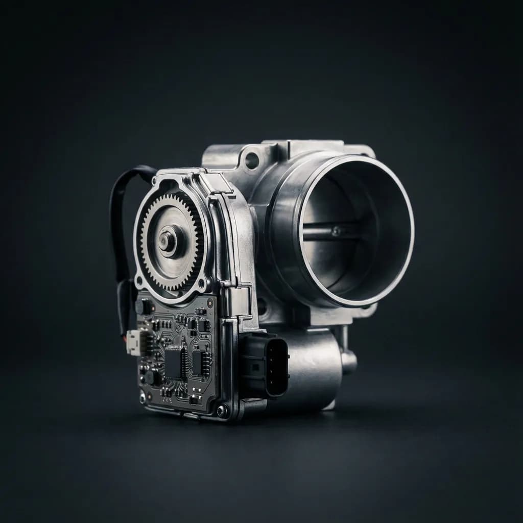 P0638 Renault : Causes et Réparation du Boîtier Papillon Image minimaliste et contrastée d'un boîtier papillon de voiture, représentant le code P0638.