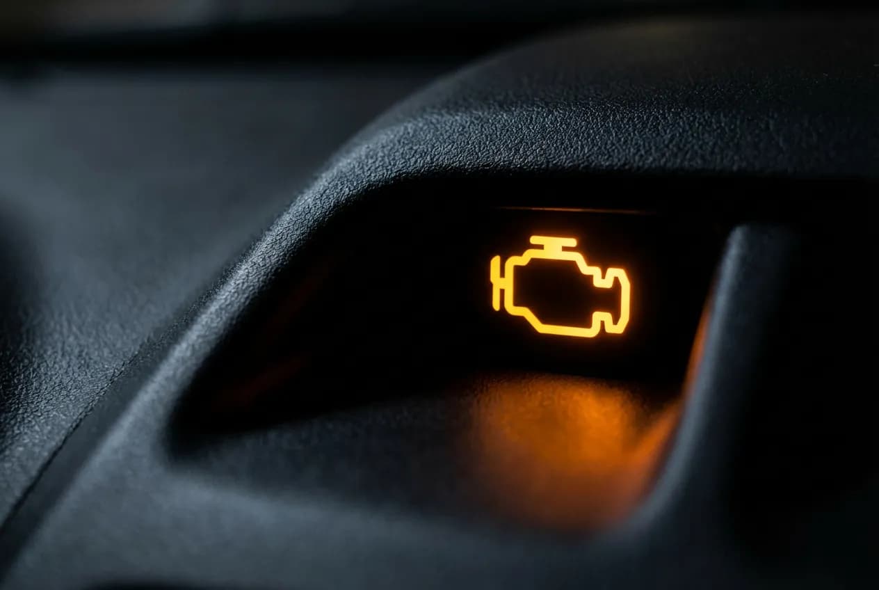 Risque casse moteur Scenic 3 : causes, symptômes et solutions Gros plan sur le voyant moteur orange allumé sur un tableau de bord, alerte pour un risque de casse moteur sur Scenic 3.