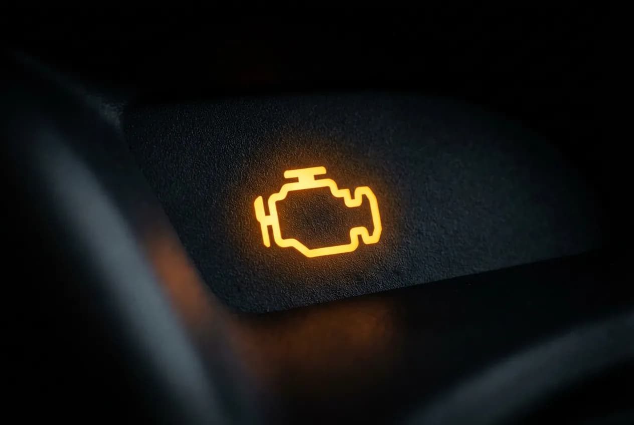 Code P0488 : Causes, Symptômes et Solutions de Réparation Gros plan sur le voyant moteur orange allumé sur un tableau de bord de voiture, symbolisant le code défaut P0488.