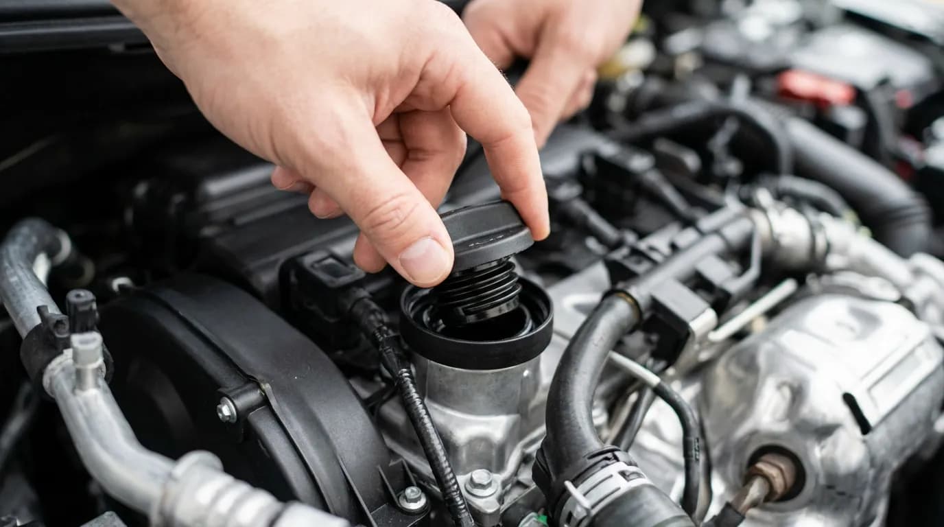 Diagnostic Moteur Peugeot 3008 Un conducteur vérifie par lui-même une cause possible du défaut moteur en inspectant le bouchon d'huile sur sa Peugeot 3008.