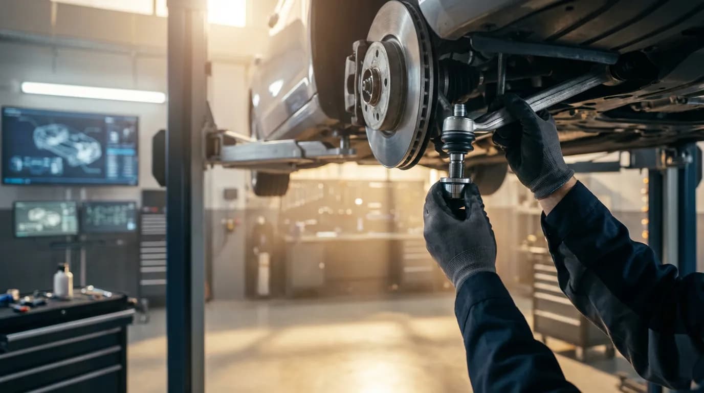Changement de rotule de direction en garage Un mécanicien expert installe une rotule de direction neuve sur une voiture dans un garage moderne, illustrant le service et le tarif de changement Norauto.