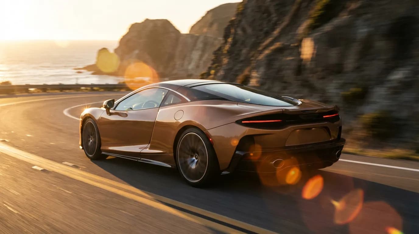 La liberté après la résiliation Eurodatacar Voiture de sport moderne roulant sur une route côtière au coucher du soleil, symbolisant la liberté après la résiliation de son contrat Eurodatacar.