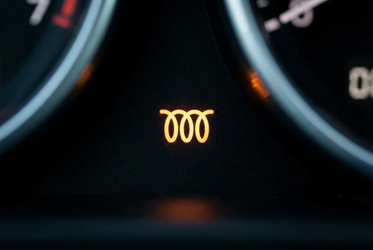 Clio 2 voyant préchauffage : que faire quand il s'allume ? Gros plan iconique du voyant de préchauffage en forme de spirale orange sur un tableau de bord de voiture.