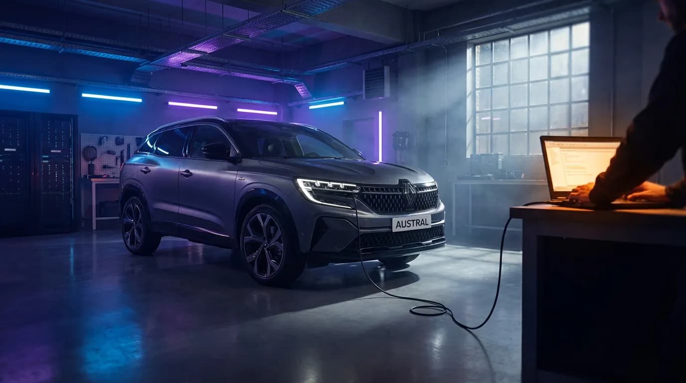 Diagnostic Automobile High-Tech Renault Voiture Renault moderne dans un garage high-tech subissant un diagnostic avec l'outil Can Clip, dans une ambiance cinématique et professionnelle.