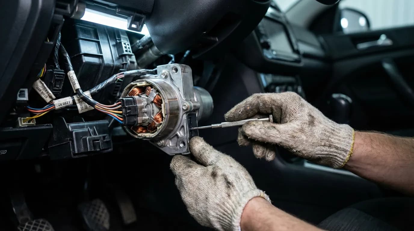 Diagnostic et réparation de la direction assistée Gros plan sur les mains d'un mécanicien en train de réparer le moteur électrique de la direction assistée d'une Peugeot 207.