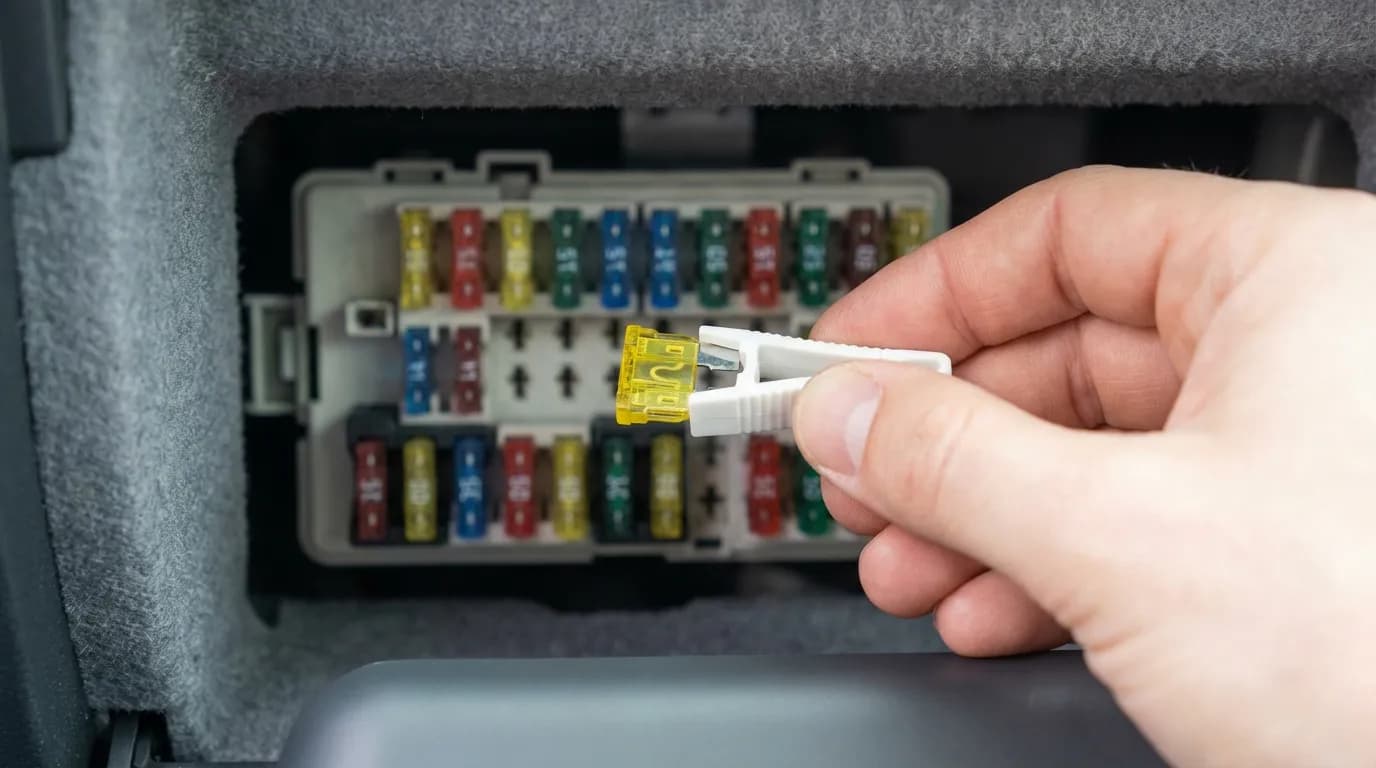 Localisation et remplacement du fusible C3 Illustration montrant une main utilisant une pince pour retirer le fusible jaune du lave-glace de la boîte à fusibles d'une Citroën C3.