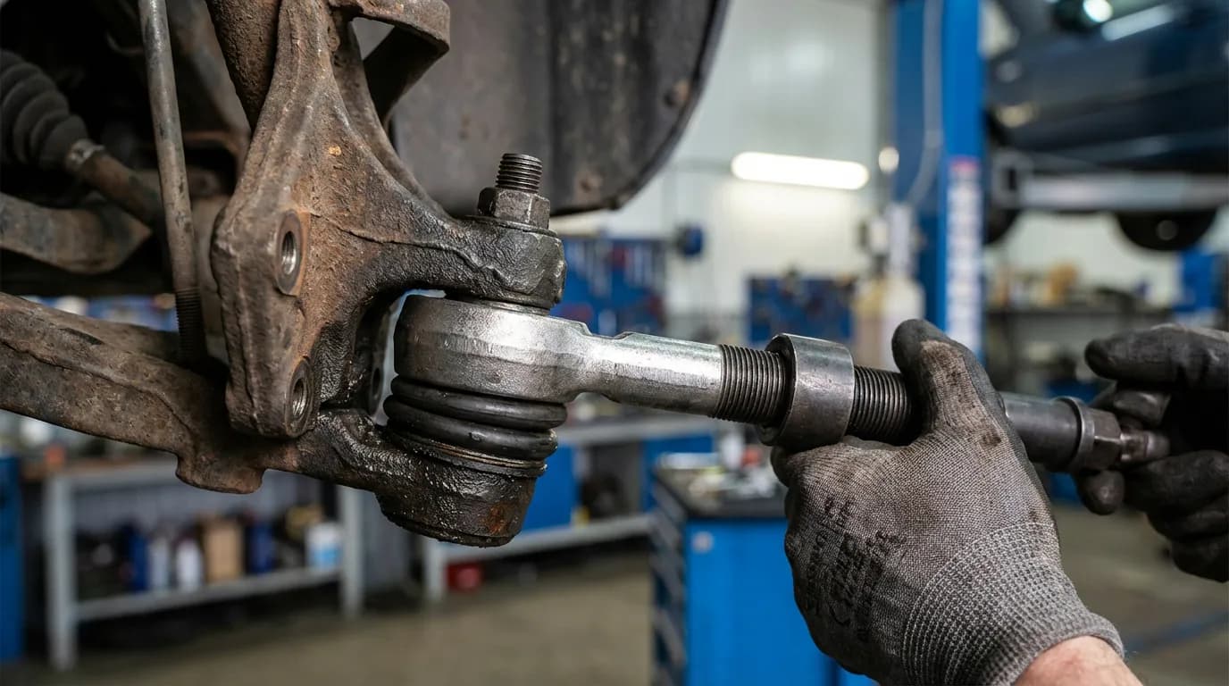 Facteurs du devis : l'intervention mécanique Illustration des facteurs influençant le tarif du changement d'une rotule de direction : un mécanicien utilise un outil spécifique pour l'extraction de la pièce.