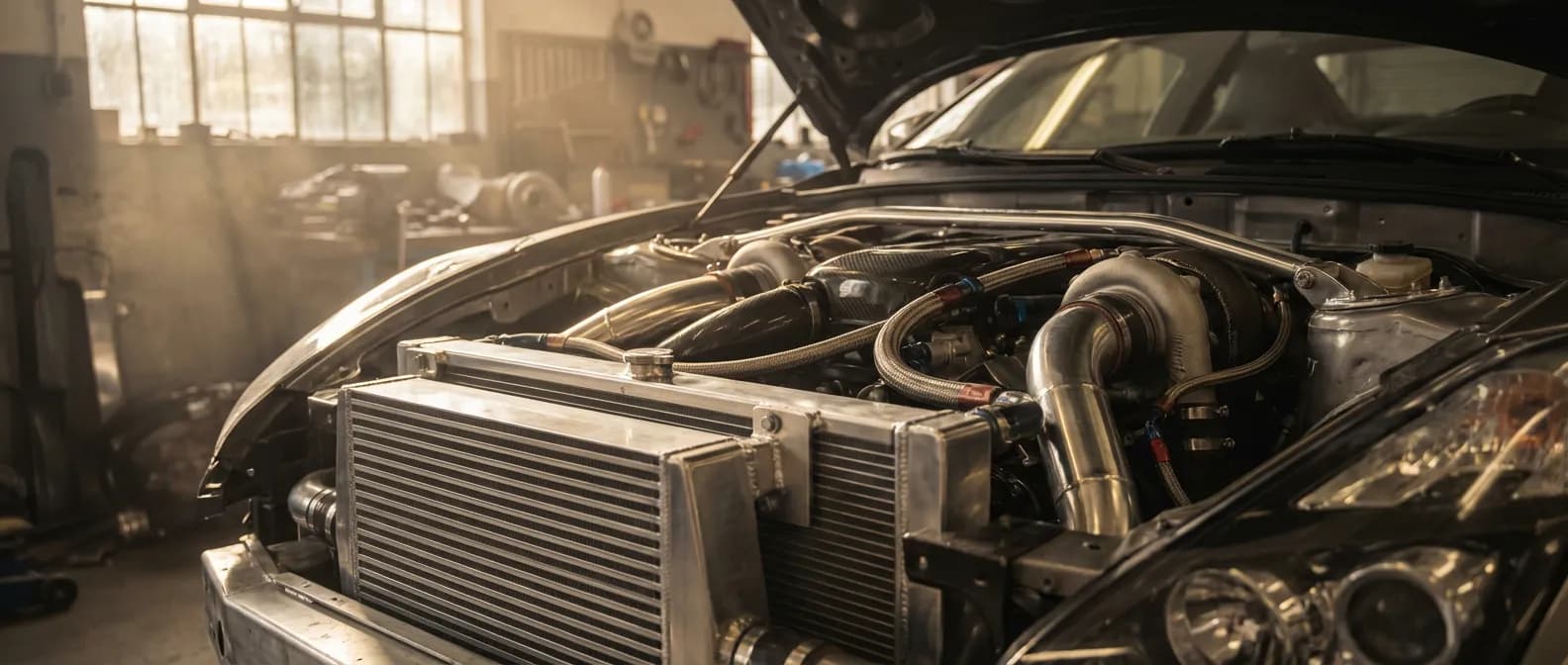 Modine d'huile de moteur : précision et performance Une vue cinématique et épique du compartiment moteur d'une voiture de sport ou d'une moto, avec une modine d'huile détaillée mise en évidence.