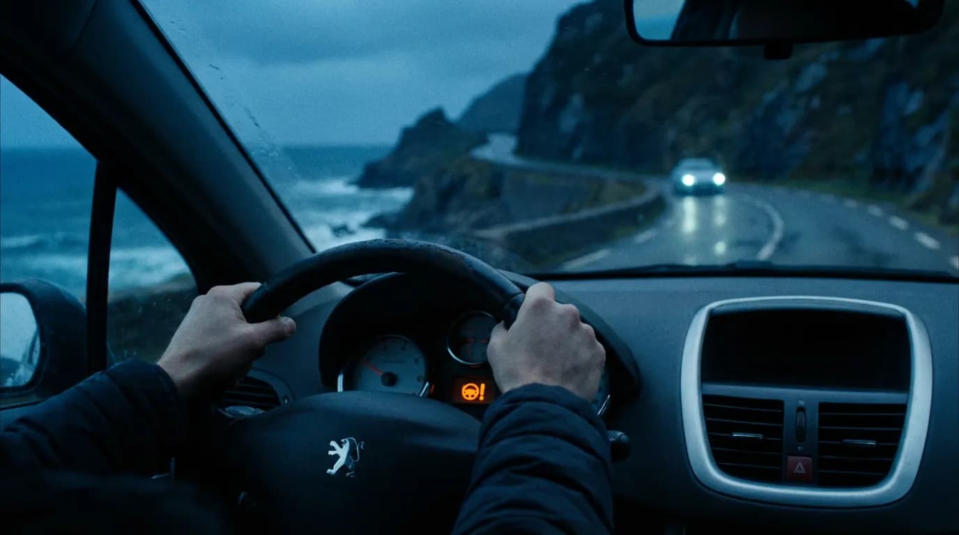 Symptôme de défaillance direction assistée 207 Vue cinématique depuis l'intérieur d'une Peugeot 207 montrant le voyant de direction assistée allumé, sur fond de route sinueuse au crépuscule.