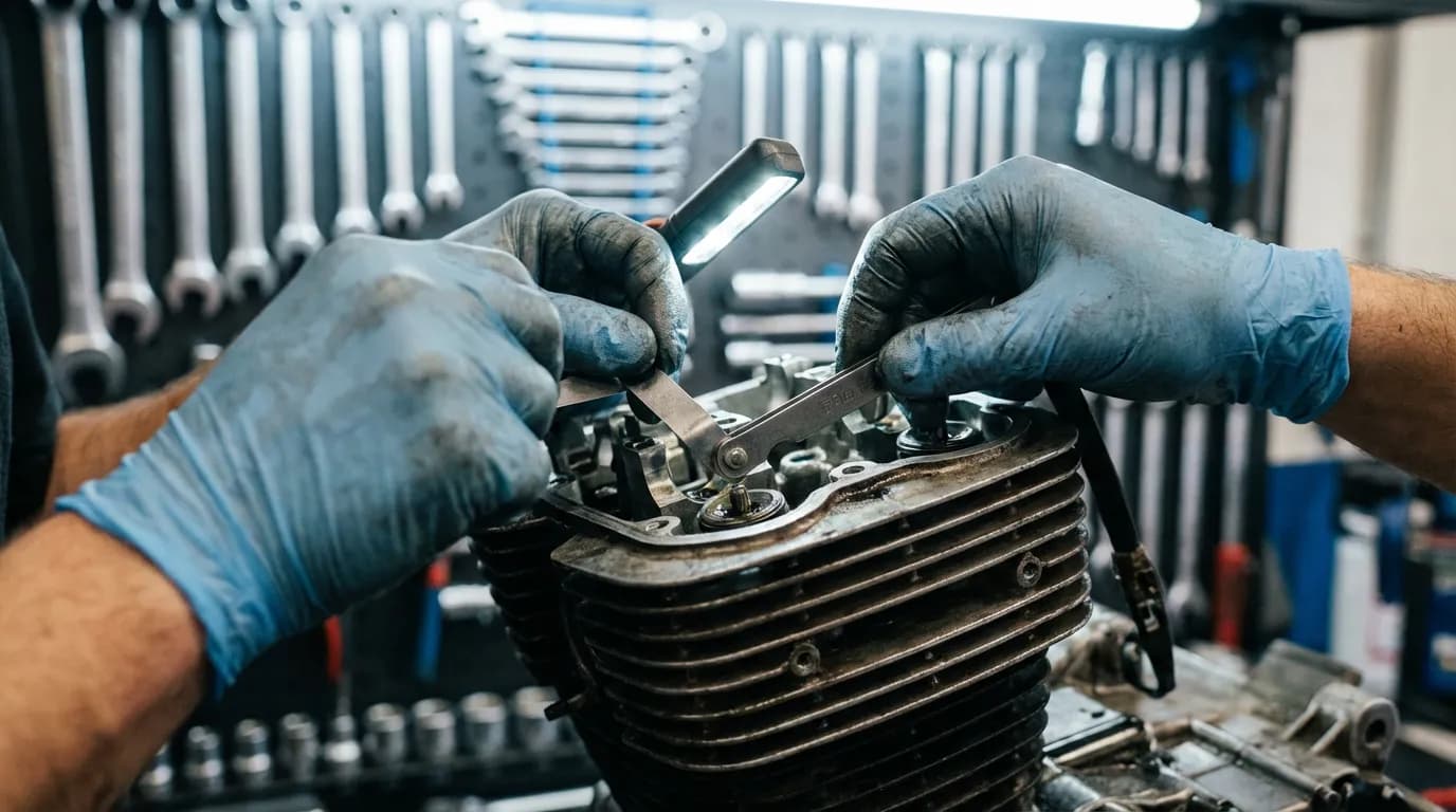 Inspection moteur et fiabilité de la TW 125 Les mains d'un mécanicien expert inspectant le moteur d'une Yamaha TW 125, illustrant la maintenance et la vérification des points de fiabilité.