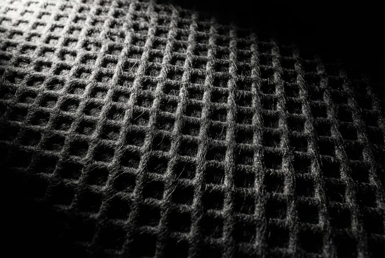 Réparer isolant capot moteur : Guide et astuces faciles Gros plan macro et minimaliste de la texture d'un isolant de capot moteur, sur fond noir, pour illustrer le matériel de réparation.