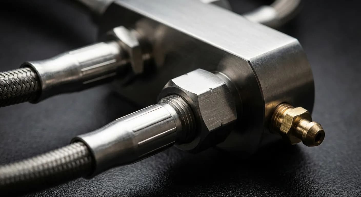 Purger Bloc ABS Sans Valise : Guide Complet et Méthode 2024 Vue macro d'un composant de bloc ABS avec conduite de frein et vis de purge.