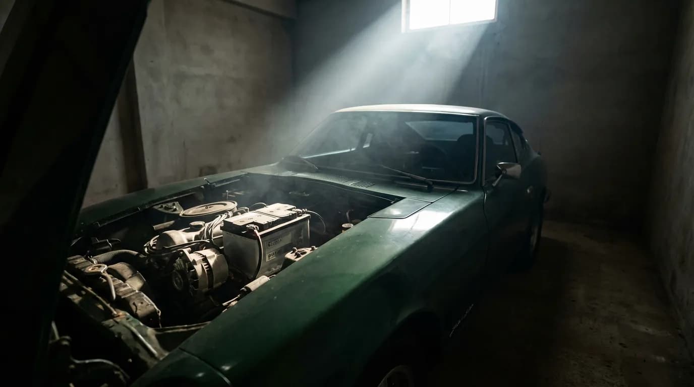 Diagnostic Panne Électrique Automobile Photo cinématique d'un moteur de voiture de luxe dans un garage sombre, avec un faisceau de lumière éclairant la batterie, symbolisant le diagnostic d'une panne électrique.