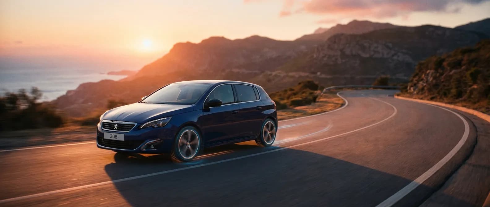 Peugeot : Le système ESP/ASR en action Bannière épique d'une Peugeot moderne sur route sinueuse, illustrant la technologie ESP/ASR sous la lumière du coucher de soleil.