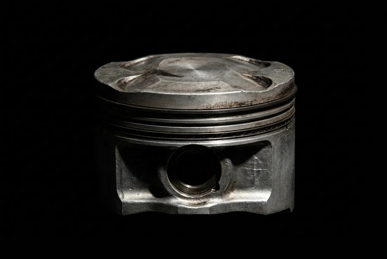 Moteur 1.2 VTi : Avis, fiabilité et problèmes à connaître Gros plan iconique et contrasté d'une pièce maîtresse du moteur 1.2 VTi sur fond noir, symbolisant sa fiabilité.