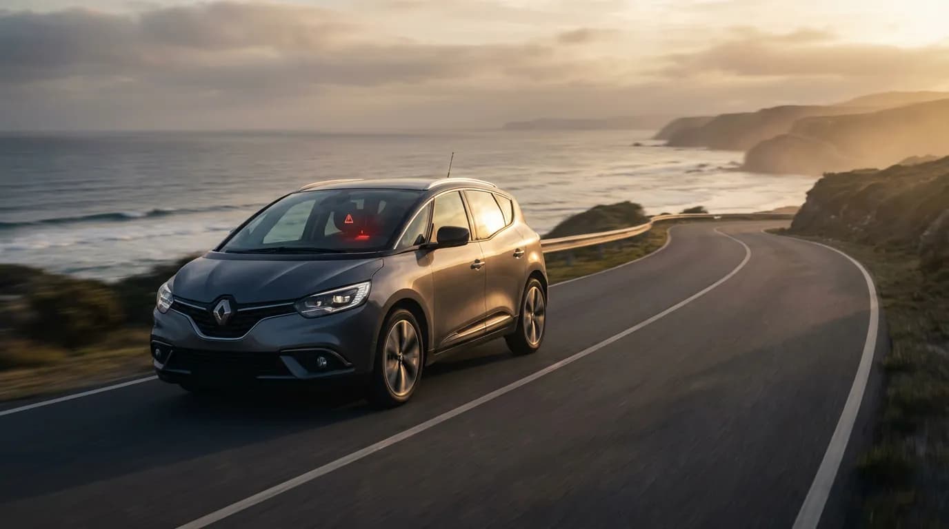 Renault Scenic sur la route avec alerte moteur Vue cinématique d'un Renault Scenic roulant sur une route côtière au coucher du soleil, avec le tableau de bord illuminé suggérant le message 'injection à contrôler'.