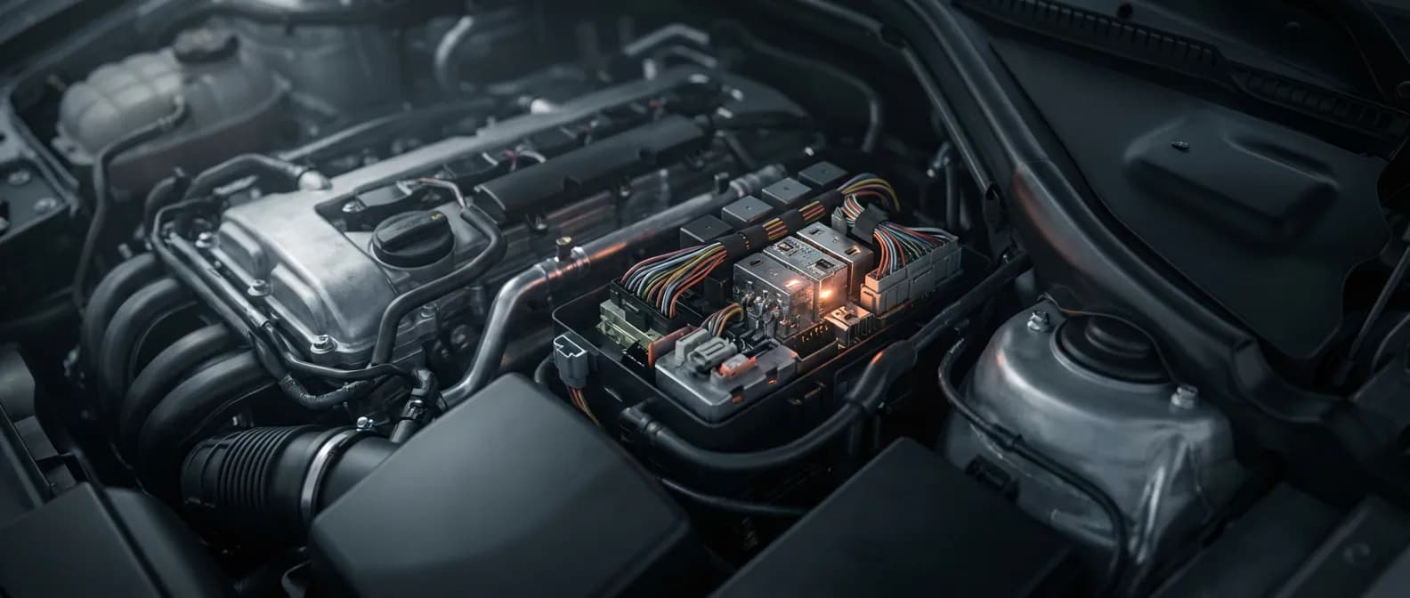 Moteur automobile : Le cœur du relais 109 Bannière : Vue épique et détaillée d'un moteur de voiture moderne avec un relais électrique, capturant la complexité technique.