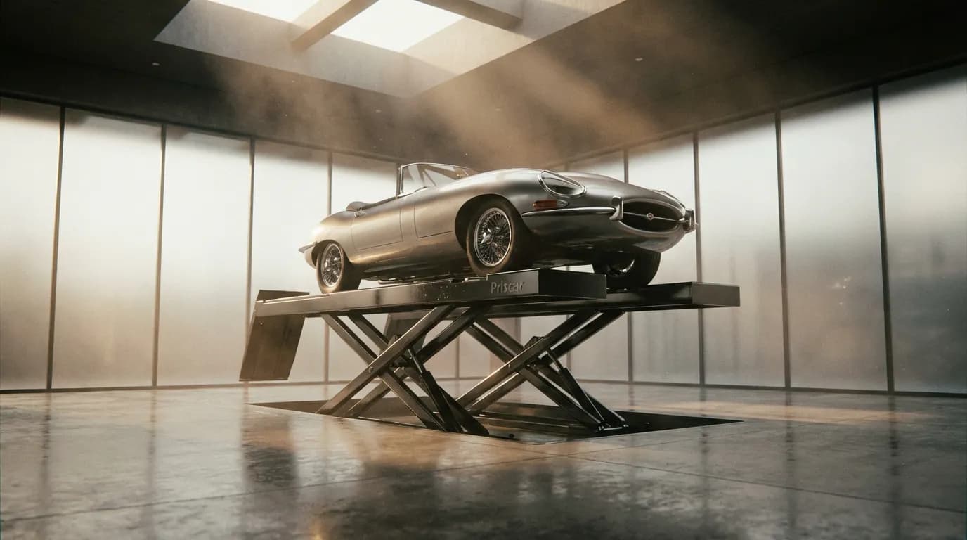 Pont Élévateur Priscar : L'Excellence Automobile Vue cinématique d'un pont élévateur Priscar haut de gamme soulevant une voiture de sport de collection dans un garage design et moderne.