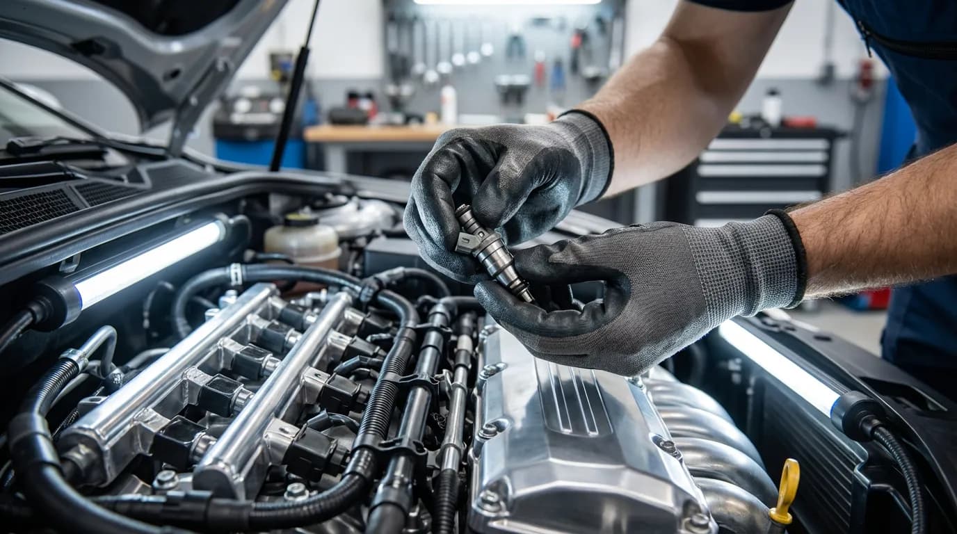 Inspection du système d'injection Un mécanicien expert inspecte en gros plan le système d'injection d'un moteur pour diagnostiquer une panne.