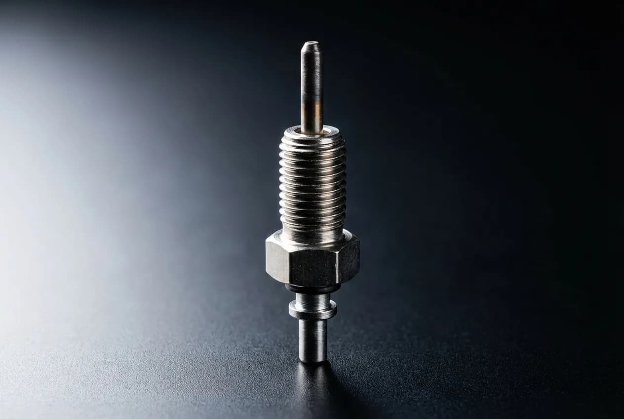 Bougie préchauffage 1.6 HDI : Symptômes, Test & Changement Bougie de préchauffage neuve pour 1.6 HDI, photographiée en gros plan sur un fond sombre et minimaliste pour illustrer le guide.