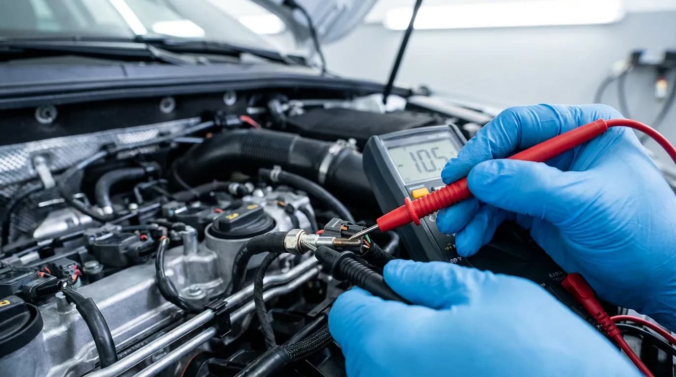 Diagnostic du code défaut DF025 Un mécanicien effectuant un diagnostic du circuit de préchauffage avec un multimètre pour identifier la cause du code d'erreur DF025.