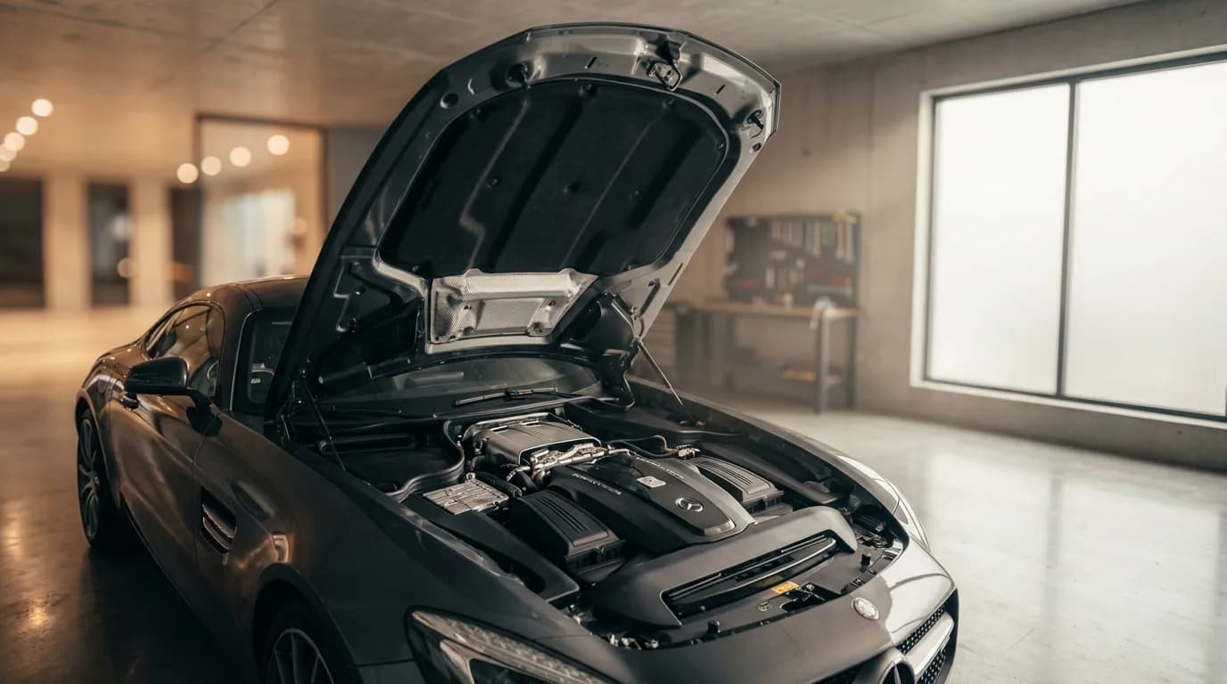 Capot moteur ouvert dans un garage Vue cinématique du capot ouvert d'une voiture de luxe moderne dans un garage, mettant en évidence la zone de l'isolant moteur.