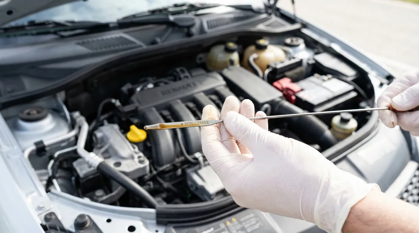 Diagnostic du niveau d'huile sur Clio 2 Gros plan sur des mains vérifiant le niveau d'huile moteur d'une Clio 2, une étape clé du diagnostic à faire soi-même lorsque le voyant SERV est allumé.