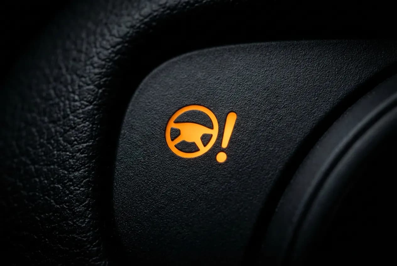 Défaillance direction assistée 207 : Causes et Solutions Icône orange du voyant de direction assistée allumée, photographiée en gros plan avec un fort contraste pour une lisibilité maximale.