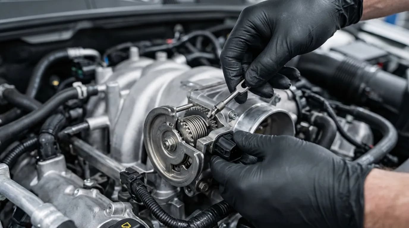 Réparation du Collecteur d'Admission Un mécanicien expert effectue une réparation de précision sur le volet du collecteur d'admission, illustrant la solution au code erreur P2015.