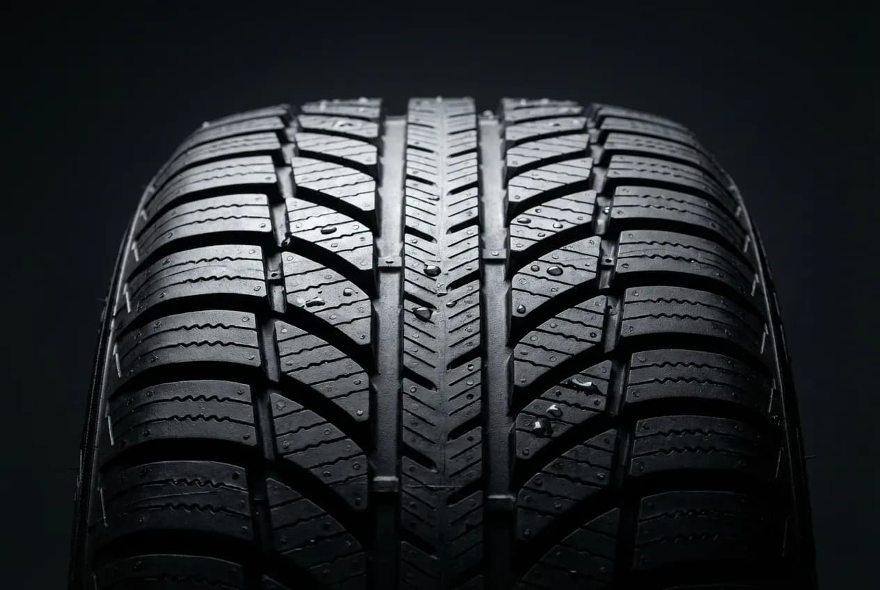 Avis pneus Nokian : Tests, comparatifs et meilleurs prix Gros plan macro sur la sculpture d'un pneu Nokian neuf, mettant en évidence la texture et le design du caoutchouc en studio.