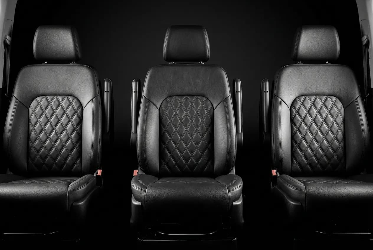 Voiture 3 places avant : quels modèles choisir en 2024 ? Gros plan iconique sur les trois sièges avant en cuir d'un véhicule moderne sur fond noir.