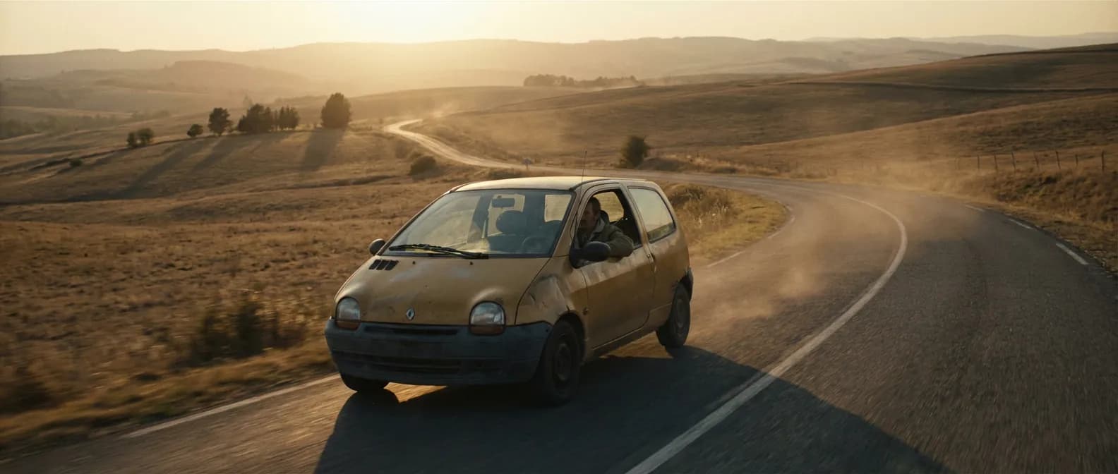 Twingo 2 : L'aventure de la réserve de carburant Une Renault Twingo 2 rouge roulant seule sur une route sinueuse au lever ou coucher du soleil, symbolisant l'autonomie limitée de la réserve de carburant.
