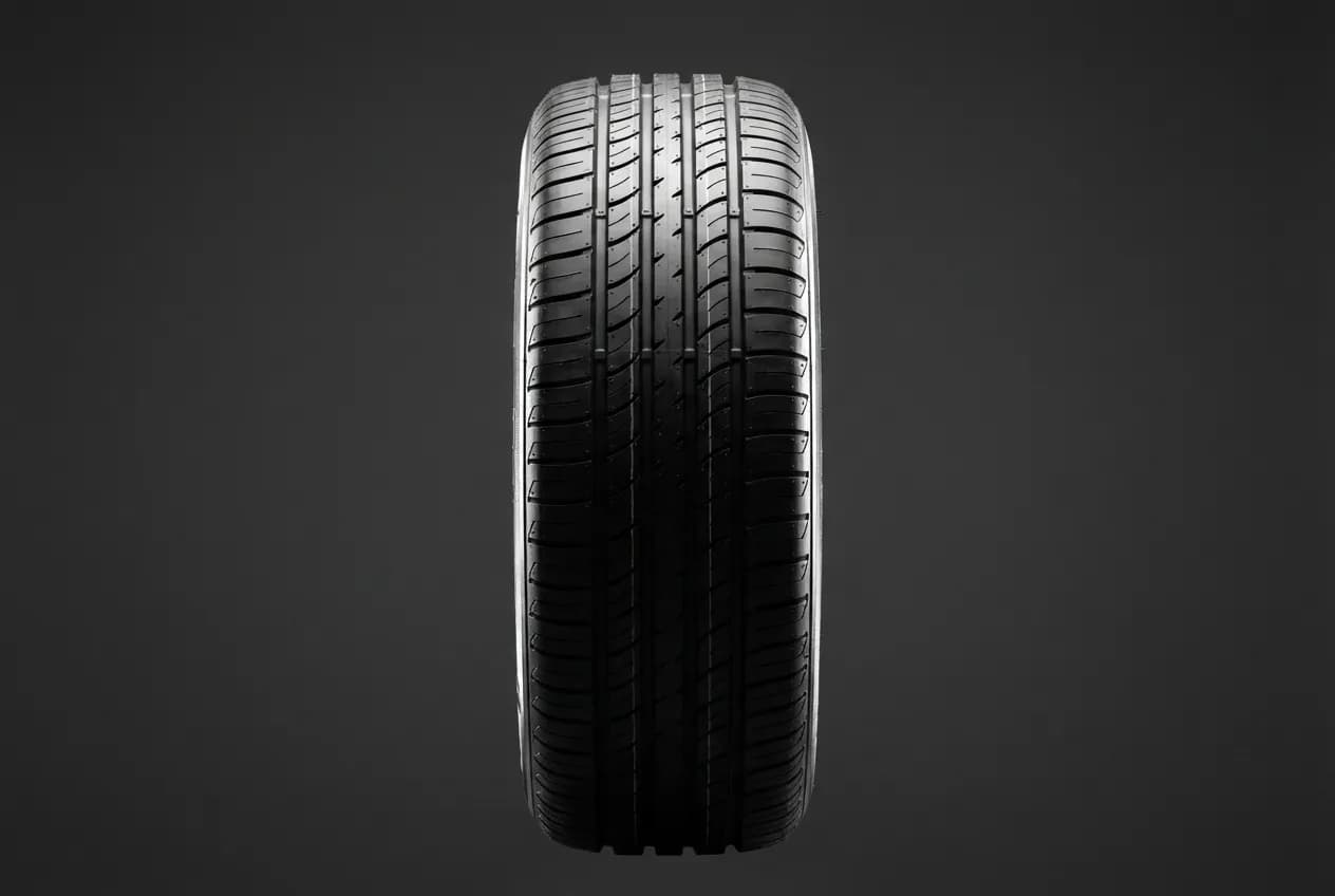 Pneu Sunny avis : Faut-il acheter ces pneus chinois ? Gros plan de la bande de roulement d'un pneu Sunny neuf, sur fond sombre et minimaliste, pour un aperçu clair de sa sculpture.