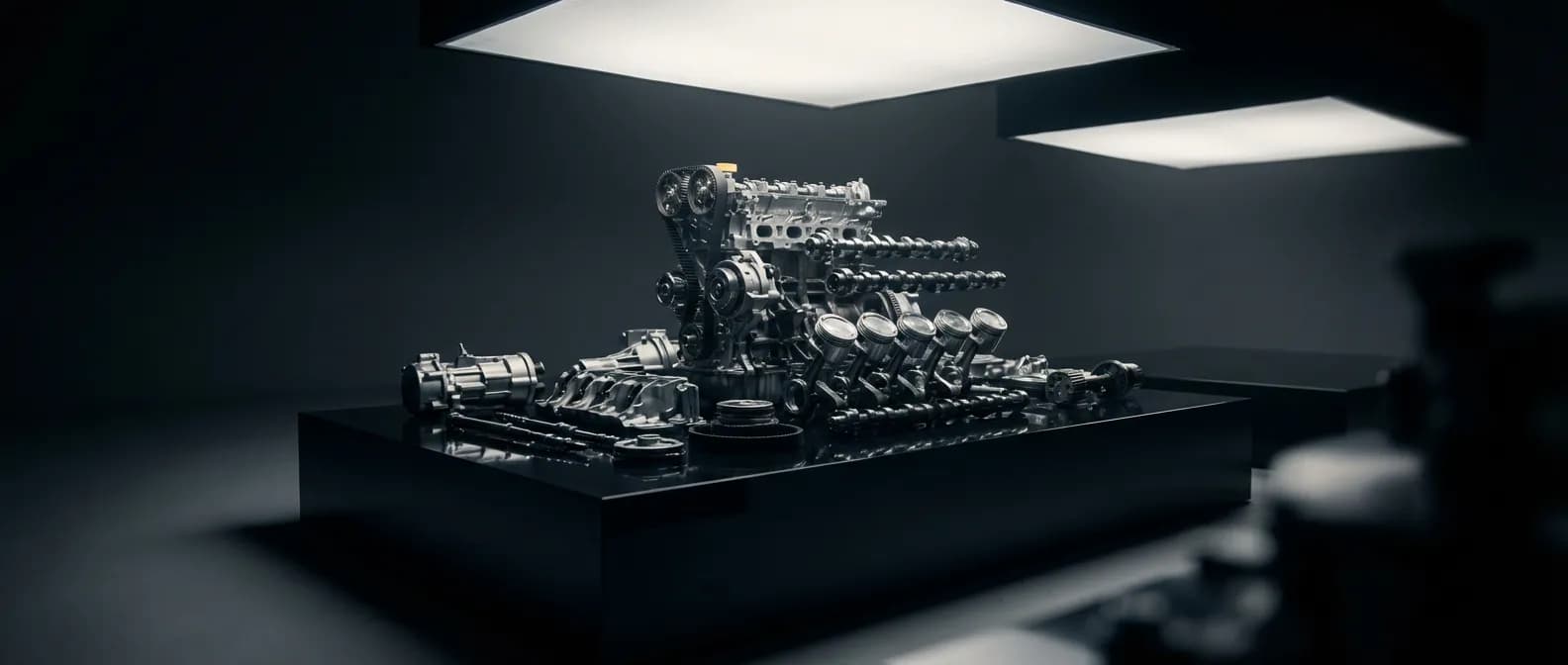 Le cœur du moteur Renault K4M 1.6 16v Vue cinématographique d'un moteur Renault K4M 1.6 16v partiellement démonté, éclairage dramatique, style éditorial.