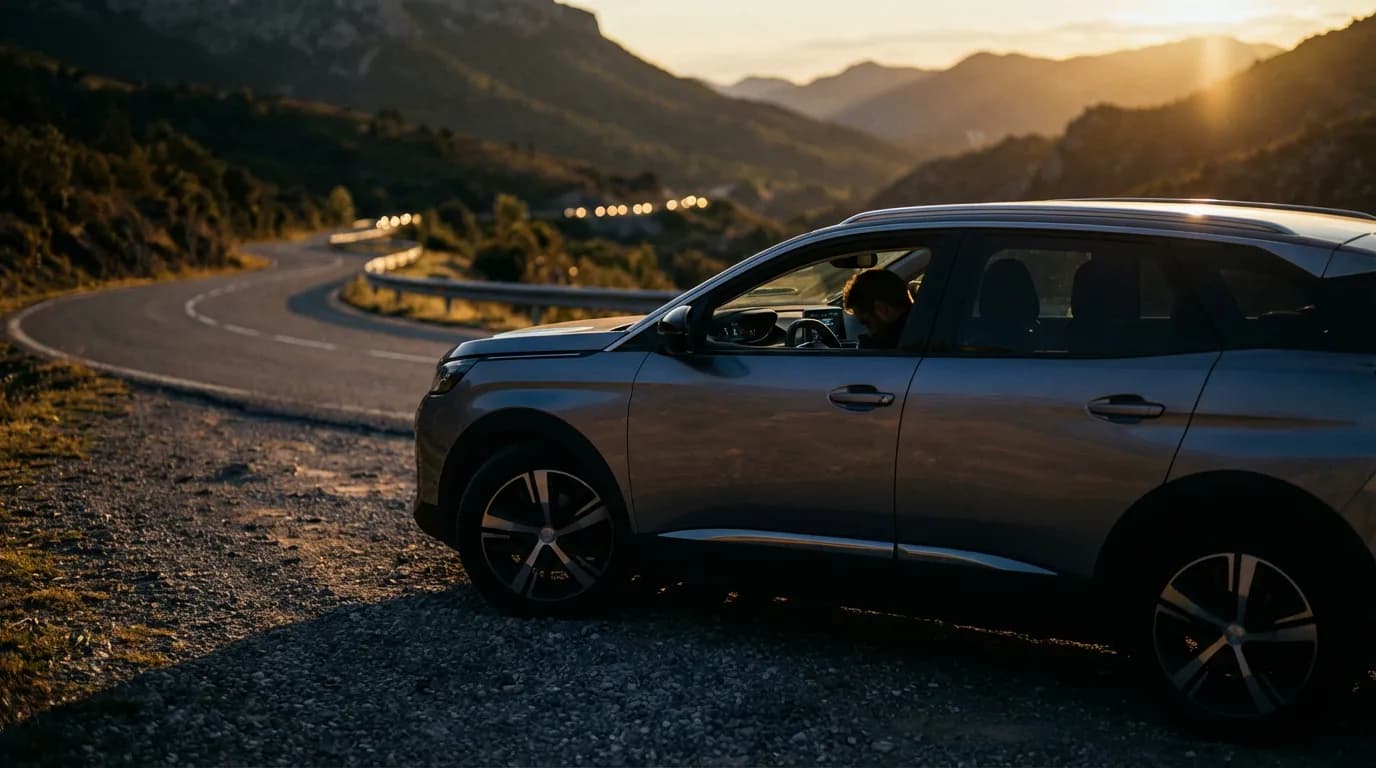 Panne Moteur Peugeot 3008 en Route Une Peugeot 3008 élégante arrêtée sur une route déserte au coucher du soleil, illustrant la problématique d'un message de défaut moteur en plein trajet.