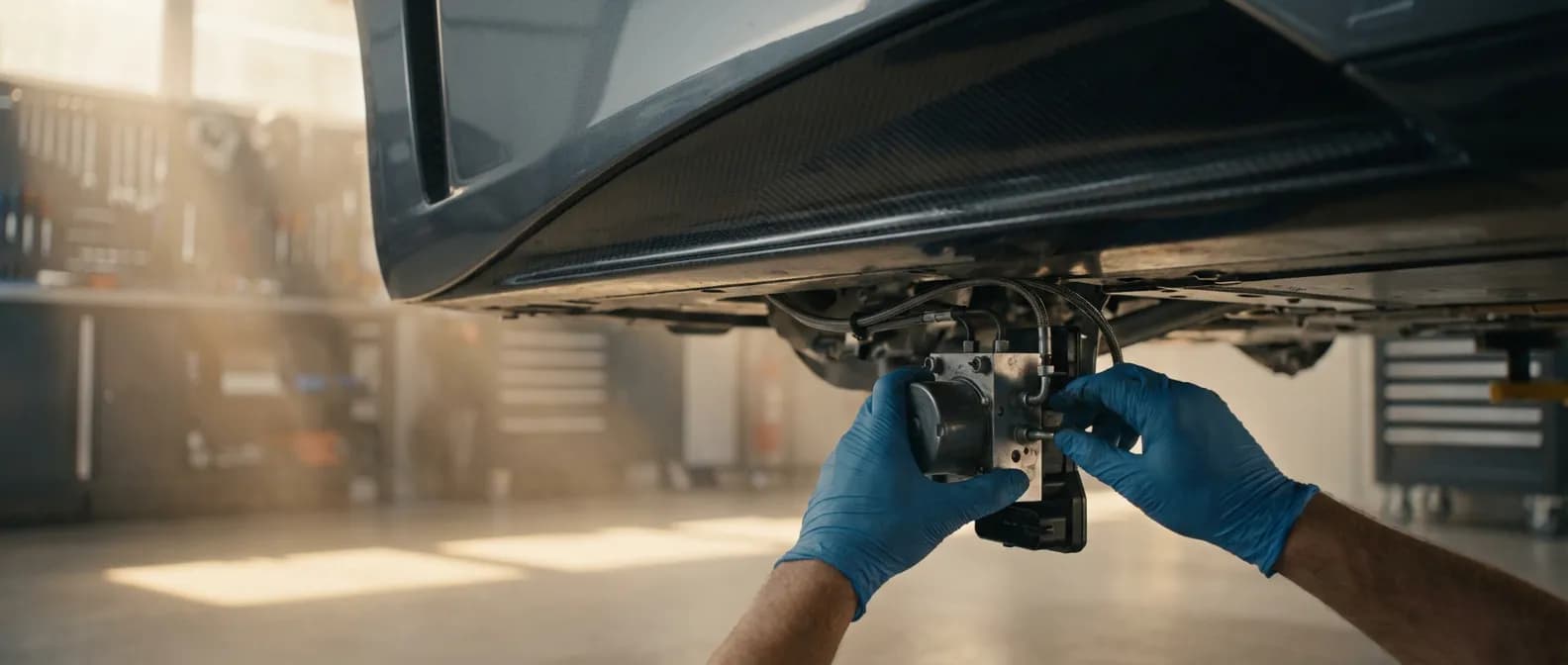 Purger un bloc ABS : L'expertise automobile sans outil électronique. Mécanicien inspectant un bloc ABS de voiture de sport, purge manuelle sans valise.